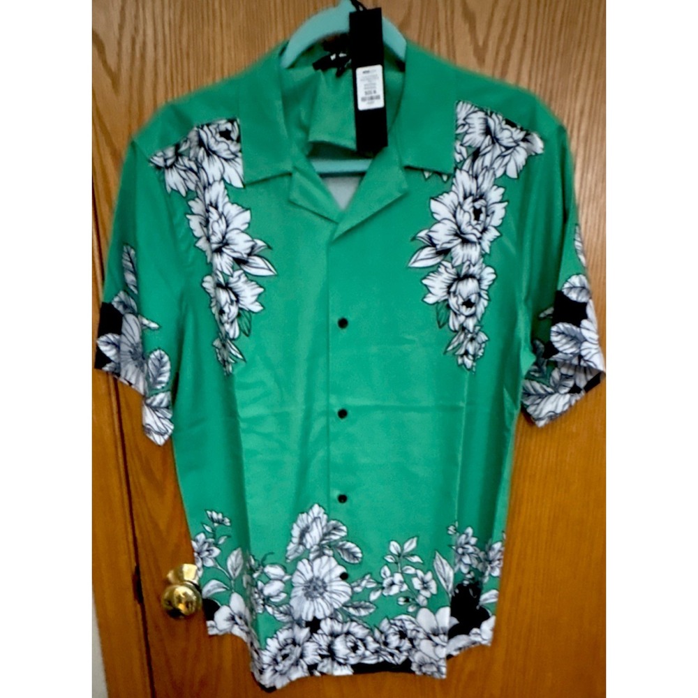 NOVA MEN Floral Colorblock Green White Black Woven Button-Up Shirt Size M